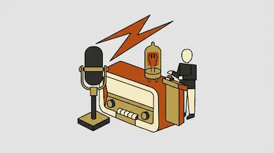 A vintage radio, microphone, vacuum tube, and lightning bolt are arranged with a small human figure.