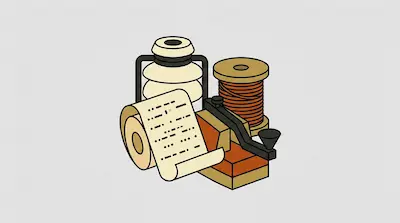 A telegraph key, a spool of wire, a ceramic insulator, and a roll of paper tape with Morse code.
