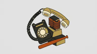 A vintage rotary telephone with its handset, internal copper coils, and a baseball bat.