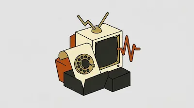 A stylized vintage television with rabbit-ear antennas, a rotary phone dial, and a waveform symbol.