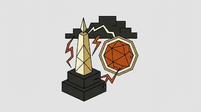 A geometric tower and a faceted orange orb are surrounded by lightning bolts against a dark, blocky background.