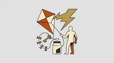 A person holds a kite string with a key attached, positioned near a lightning bolt and a jar.