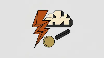 A stylized orange lightning bolt, a cream-colored cloud, a gold circle, and a black rectangular bar.