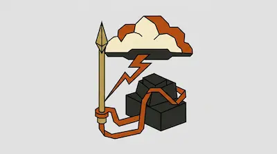 A stylized spear, a cloud with a lightning bolt, and a dark blocky structure are connected by a winding orange ribbon.