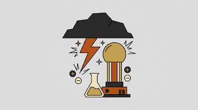 A dark cloud and lightning bolt above a Van de Graaff generator, a conical flask, and positive and negative charge symbols.