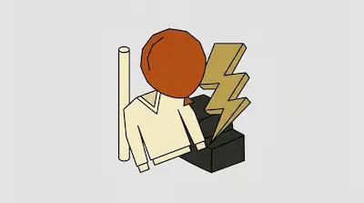 A white sweater with an orange balloon head is grouped with a gold lightning bolt, a white cylinder, and black blocks.