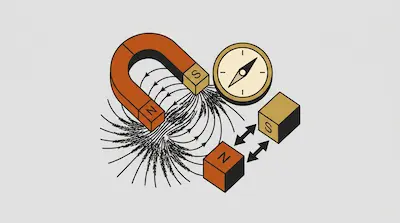 A horseshoe magnet with magnetic field lines, a compass, and two cube magnets labeled N and S.