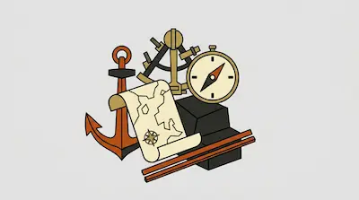 A collection of nautical tools including an anchor, a map, a compass, and a sextant.