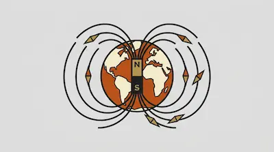 A stylized globe with a central bar magnet labeled N and S, surrounded by curved magnetic field lines and small compass needles.