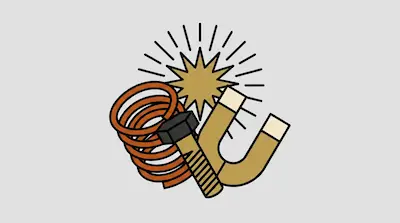A copper coil, a bolt, and a horseshoe magnet are grouped together under a golden starburst with radiating lines.