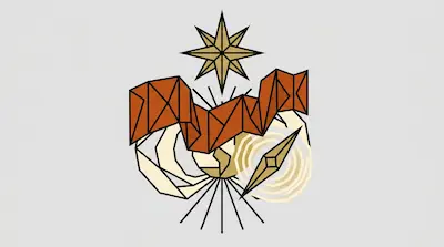 A stylized geometric design with a gold star at the top, a jagged orange banner in the center, and abstract cream and gold shapes at the bottom.