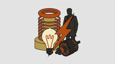 A large copper coil, a light bulb, a lightning bolt, and an electric motor component are positioned in front of a silhouette of a person.