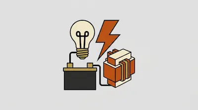 A light bulb, a battery, and an electrical transformer connected by wires with a lightning bolt in the center.