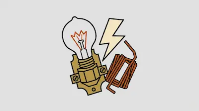 A lightbulb in a socket, a lightning bolt, and a coil of copper wire.
