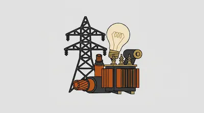 A transmission tower, a light bulb, a transformer, and electrical cables grouped together.
