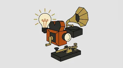 A glowing light bulb, a vintage movie camera, a gramophone, and a telegraph key.