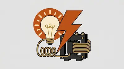 A light bulb, a lightning bolt, and an electrical transformer with copper-colored wire coils.