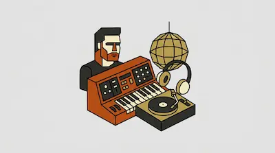 A stylized man with a beard and sunglasses stands behind a synthesizer, a turntable, headphones, and a disco ball.