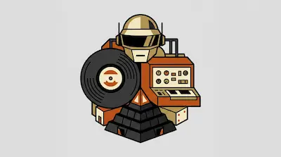 A gold robot helmet sits above a vinyl record, an orange synthesizer, and a black pyramid.