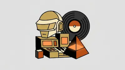 A gold robot helmet, a vinyl record, a synthesizer, and a glowing pyramid are grouped together in a minimalist graphic style.