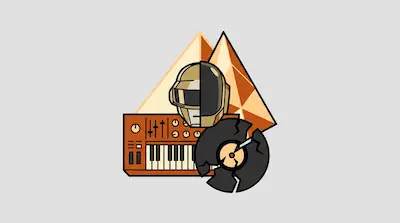 A split robot helmet, a synthesizer, and a broken vinyl record are arranged in front of two pyramids.