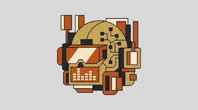 A stylized mechanical helmet featuring orange visors, circuit board patterns, and a pixelated equalizer on the lower face.