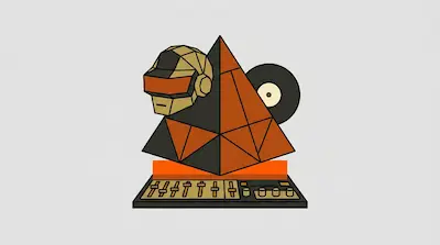 A geometric robot helmet, a faceted pyramid, a vinyl record, and a DJ mixer are arranged in a stylized composition.