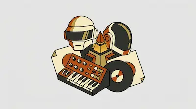 Two robotic helmets, a synthesizer, a vinyl record, and a pyramid are grouped together in a stylized graphic.