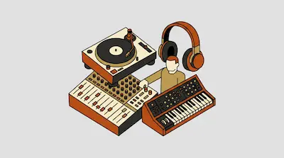 A person operates a mixing console and synthesizer, surrounded by a turntable and large headphones.