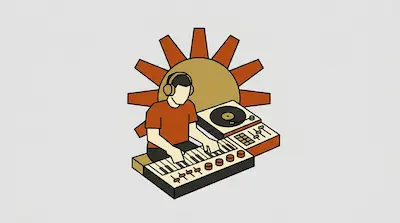 A person wearing headphones plays a keyboard and a turntable in front of a large, stylized sun.