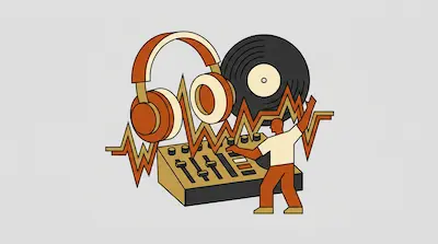 A person operates a mixing board surrounded by oversized headphones, a vinyl record, and jagged sound waves.