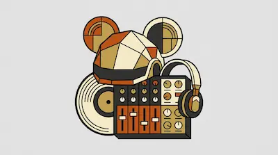 A geometric mouse-eared helmet rests on a DJ mixing console alongside a vinyl record and a pair of headphones.