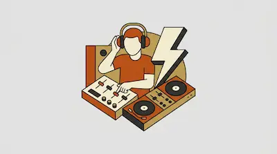 A person wearing headphones operates a DJ mixer and two turntables with a large lightning bolt in the background.