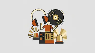 A DJ stands behind a mixing console with large headphones, a vinyl record, and flashing lights.