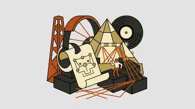 A radio tower, headphones, a vinyl record, and a pyramid with a dancing figure, laser beams, and a diagram on a scroll.