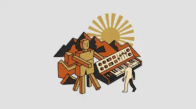 A blocky humanoid figure and a small person in a suit stand beside a large synthesizer against a backdrop of mountains and a sun.