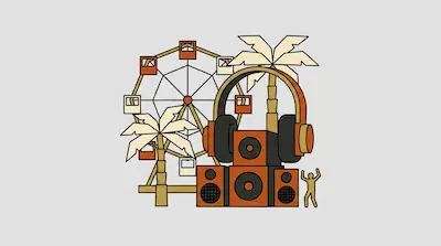 A Ferris wheel and palm trees stand behind a stack of speakers wearing large headphones, with a small figure dancing nearby.