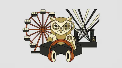 A geometric owl with mechanical features is centered between a Ferris wheel and a stage with spotlights, with a pair of headphones in the foreground.