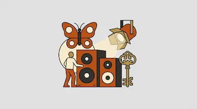 A large orange butterfly, two speakers, a spotlight, a small human figure, and an ornate key.