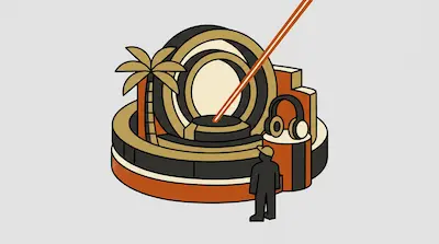 A person stands before a tiered circular structure featuring large concentric rings, a palm tree, and a pair of headphones.