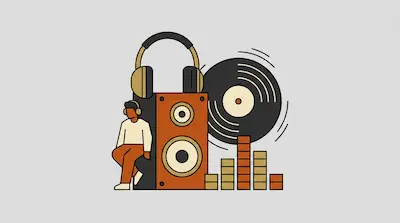 A person sits on a speaker next to a vinyl record and sound bars, with a large pair of headphones resting over the speaker.