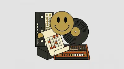 A gold smiley face layered over a vinyl record, a Roland synthesizer, and a grid of squares.