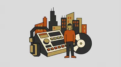 A person stands in front of a city skyline surrounded by a music sampler, headphones, and a vinyl record.