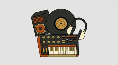 A speaker, vinyl record, headphones, and synthesizer keyboard arranged together.