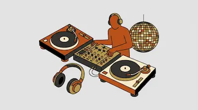 A stylized person operates a DJ mixer and two turntables, with a disco ball in the background and headphones in the foreground.
