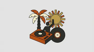 A DJ figure operates a turntable next to a large vinyl record, a palm tree, and a sun.