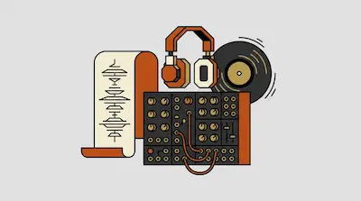 A modular synthesizer with patch cables, a pair of headphones, a vinyl record, and a scroll showing a sound waveform.