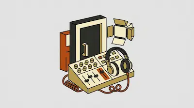A mixing console with headphones and a studio light in a minimalist, isometric style.
