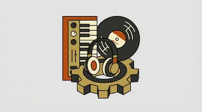 A keyboard, vinyl record, and headphones resting on a large gear.