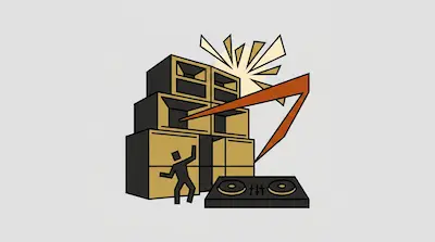 A stack of speakers, a DJ turntable, and a dancing stick figure with abstract geometric shapes.